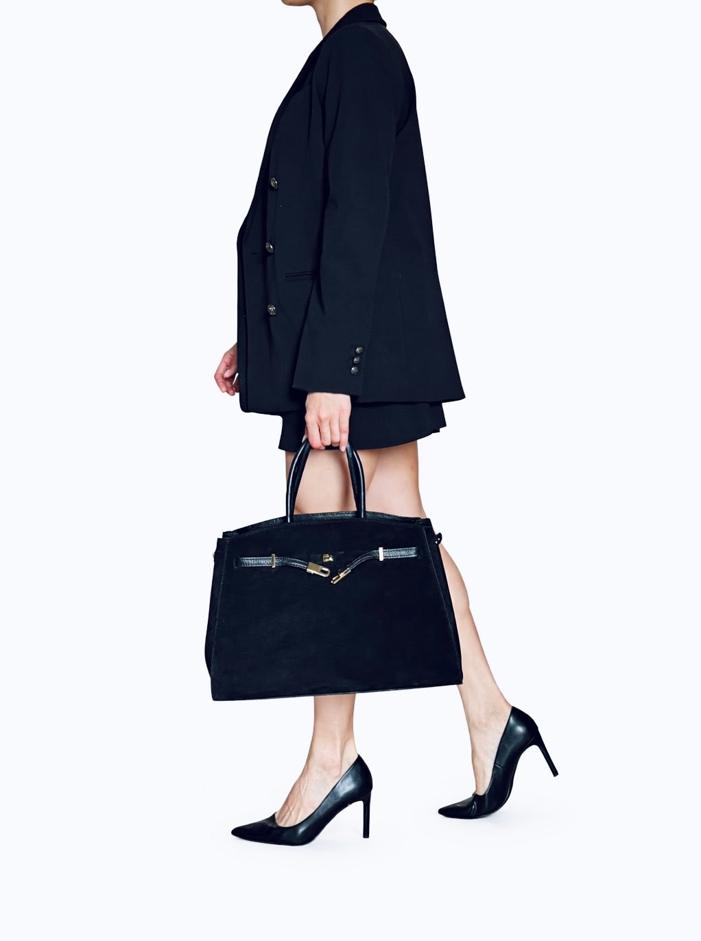 structured suede top handle bag wearing