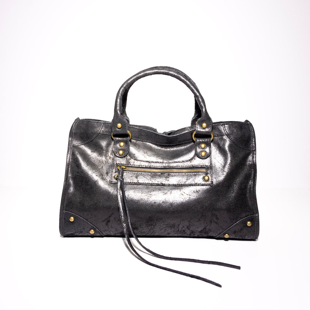 Handmade Italian distressed leather satchel front view