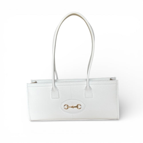 VITTORIA white Italian leather horsebit shoulder bag front view