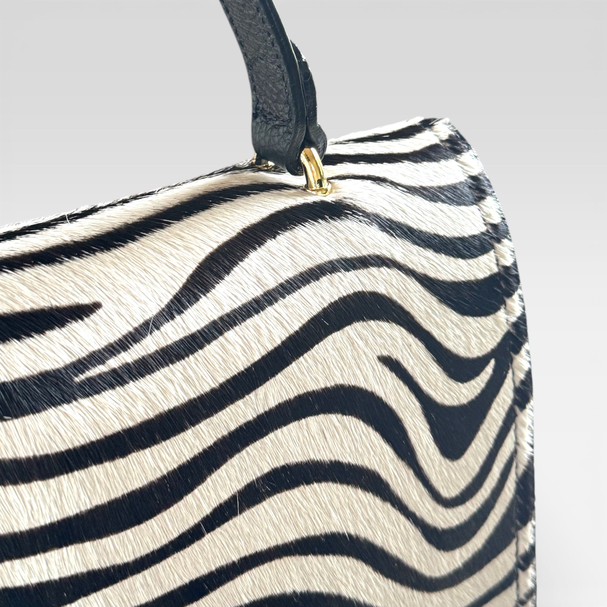 Zebra Print Italian Leather Handbag – Hair Calf Structured Top Handle Bag