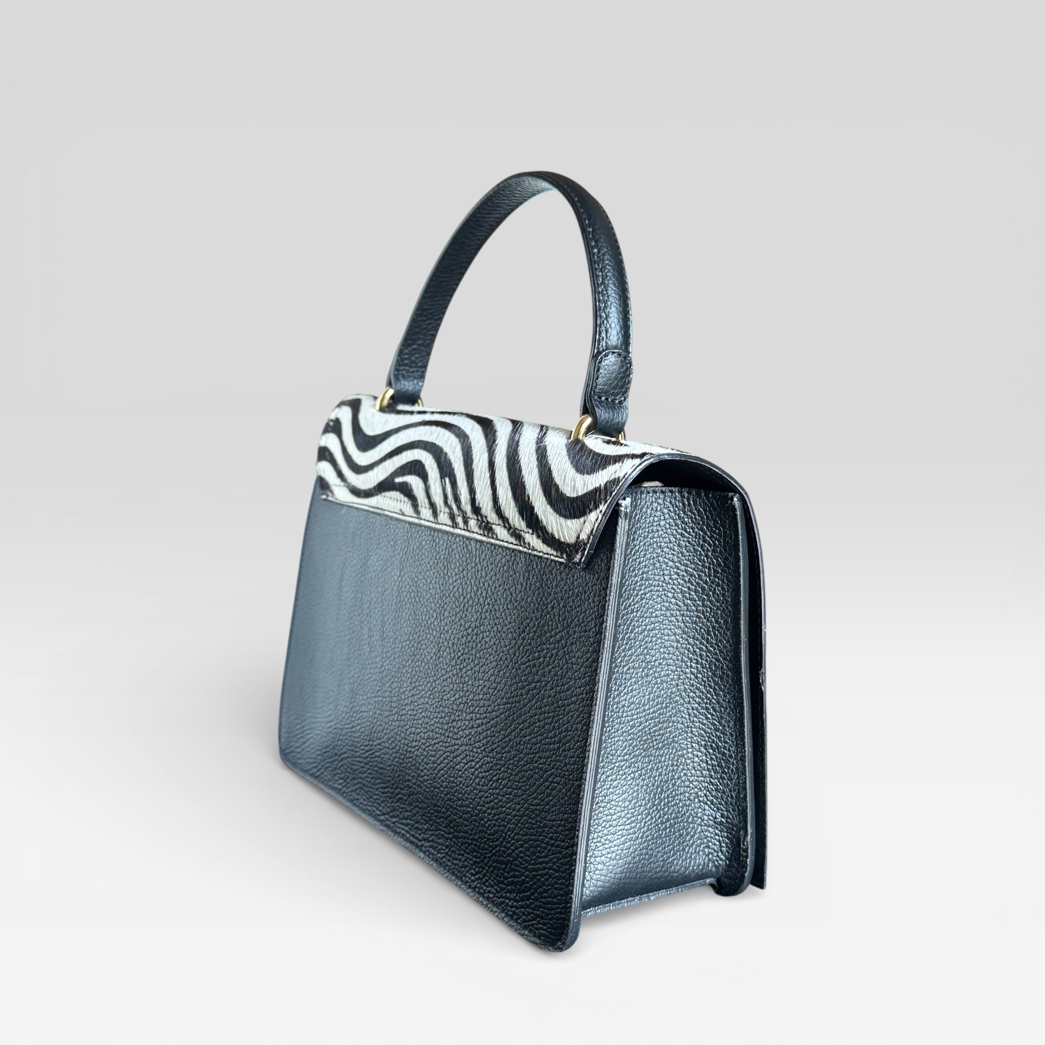 Zebra Print Italian Leather Handbag – Hair Calf Structured Top Handle Bag