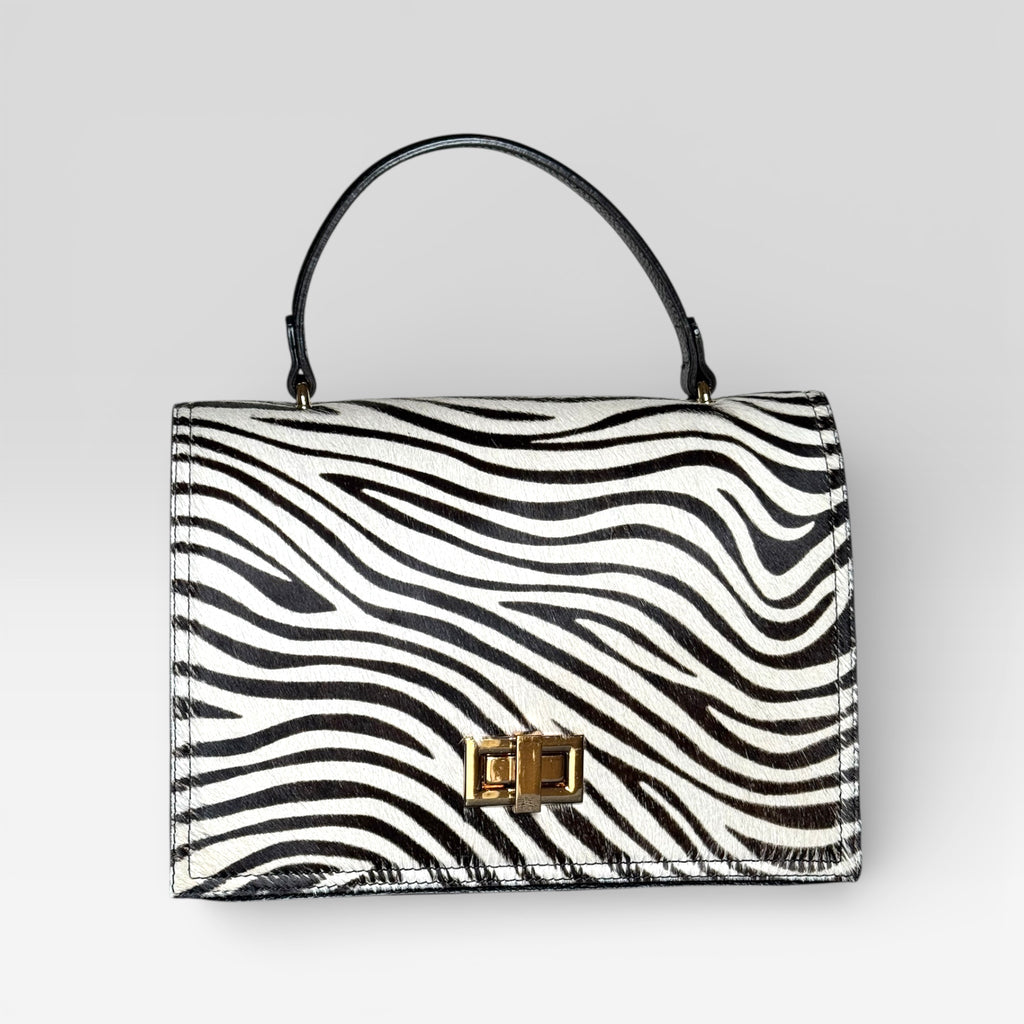 Zebra Print Italian Leather Handbag – Hair Calf Structured Top Handle Bag