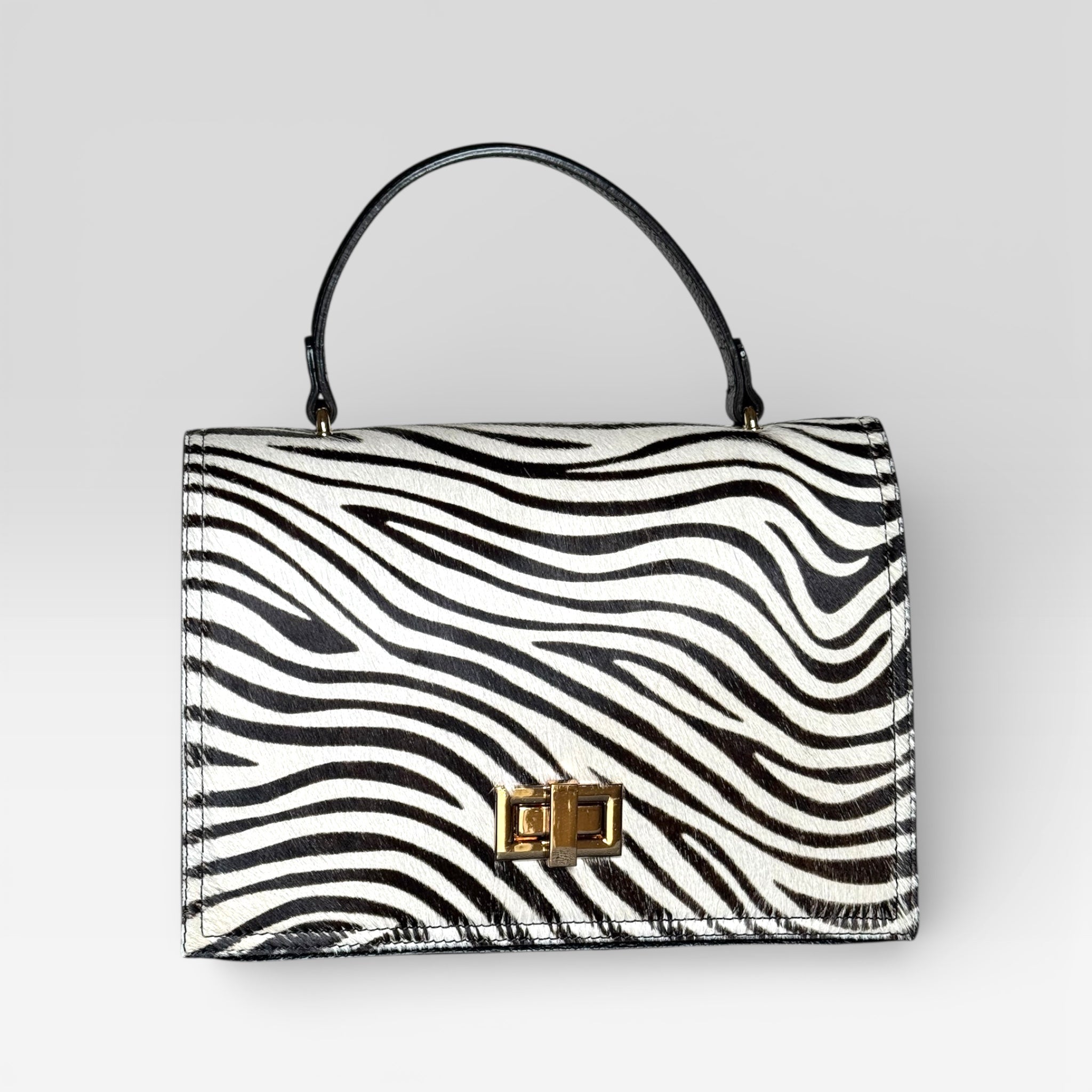 Zebra Print Italian Leather Handbag – Hair Calf Structured Top Handle Bag