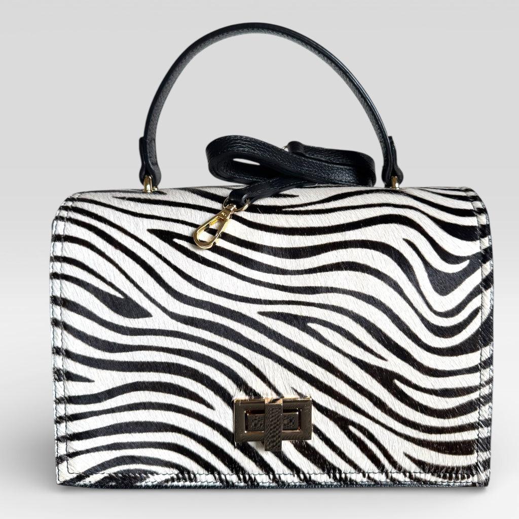 Zebra Print Italian Leather Handbag – Hair Calf Structured Top Handle Bag