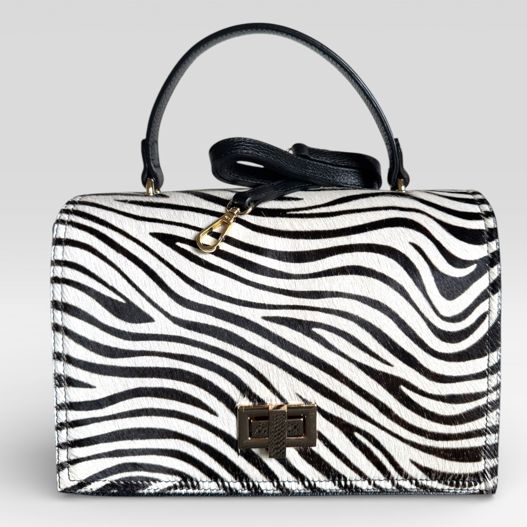 Zebra Print Italian Leather Handbag – Hair Calf Structured Top Handle Bag