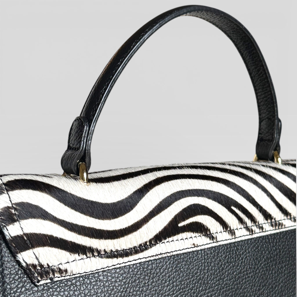 Zebra Print Italian Leather Handbag – Hair Calf Structured Top Handle Bag