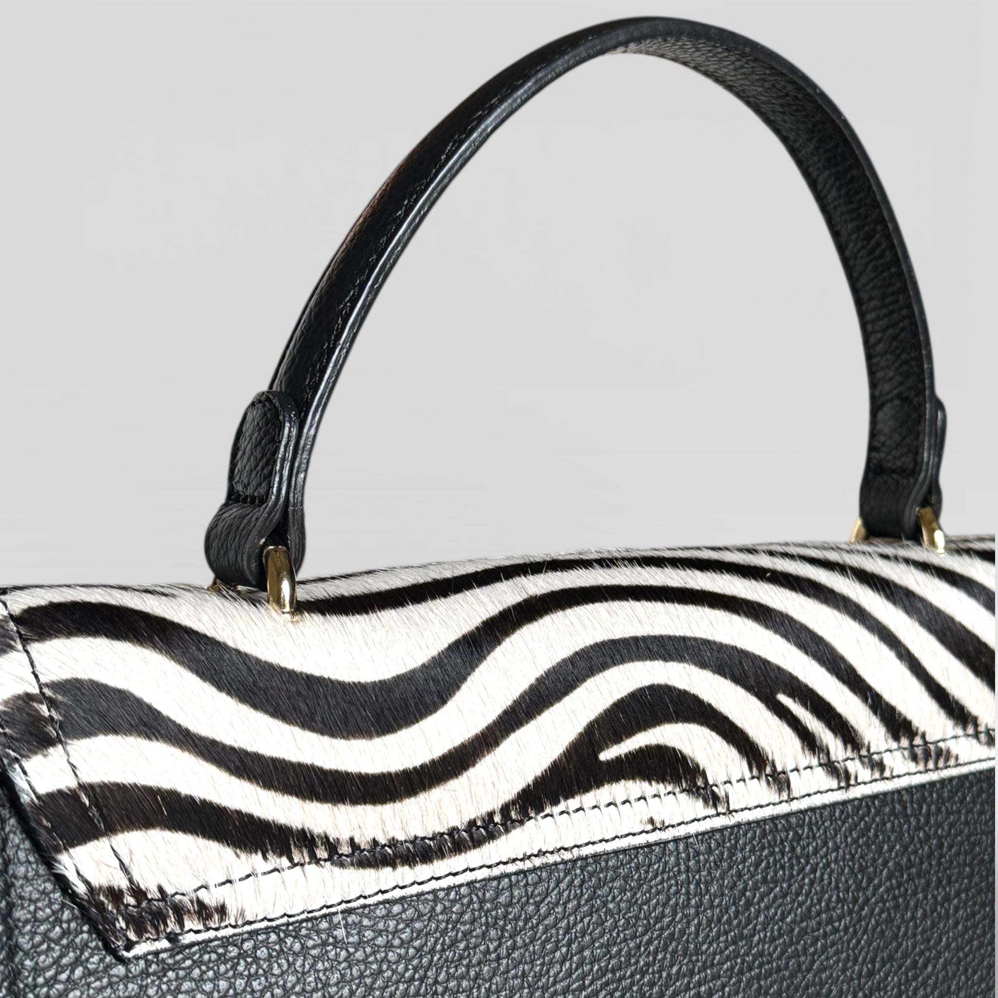 Zebra Print Italian Leather Handbag – Hair Calf Structured Top Handle Bag