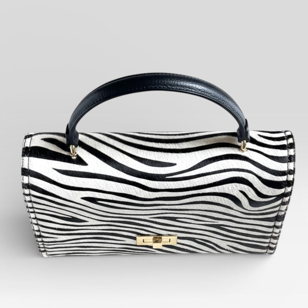 Zebra Print Italian Leather Handbag – Hair Calf Structured Top Handle Bag